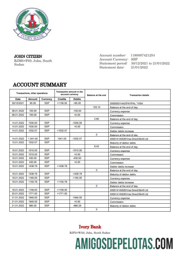 Modelo de extrato bancário do Marfim do Sudão do Sul